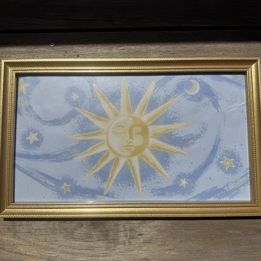 90s Vintage Celestial Sun Print Framed Wall Art 10x17 Gold Whimsygoth Moon Star